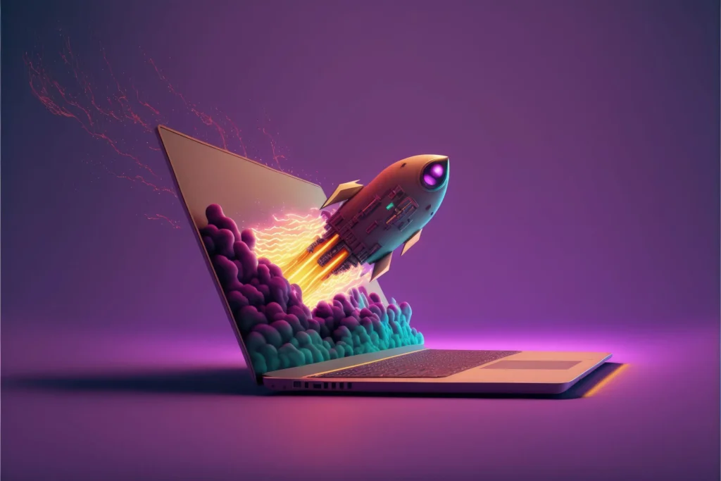 rocket flying from notebook screen purple background startup concept ai scaled 1